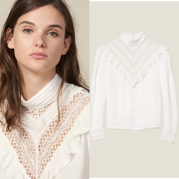 ❌SOLD❌Sandro high neck ruffle lace inset top - Picture 8 of 14